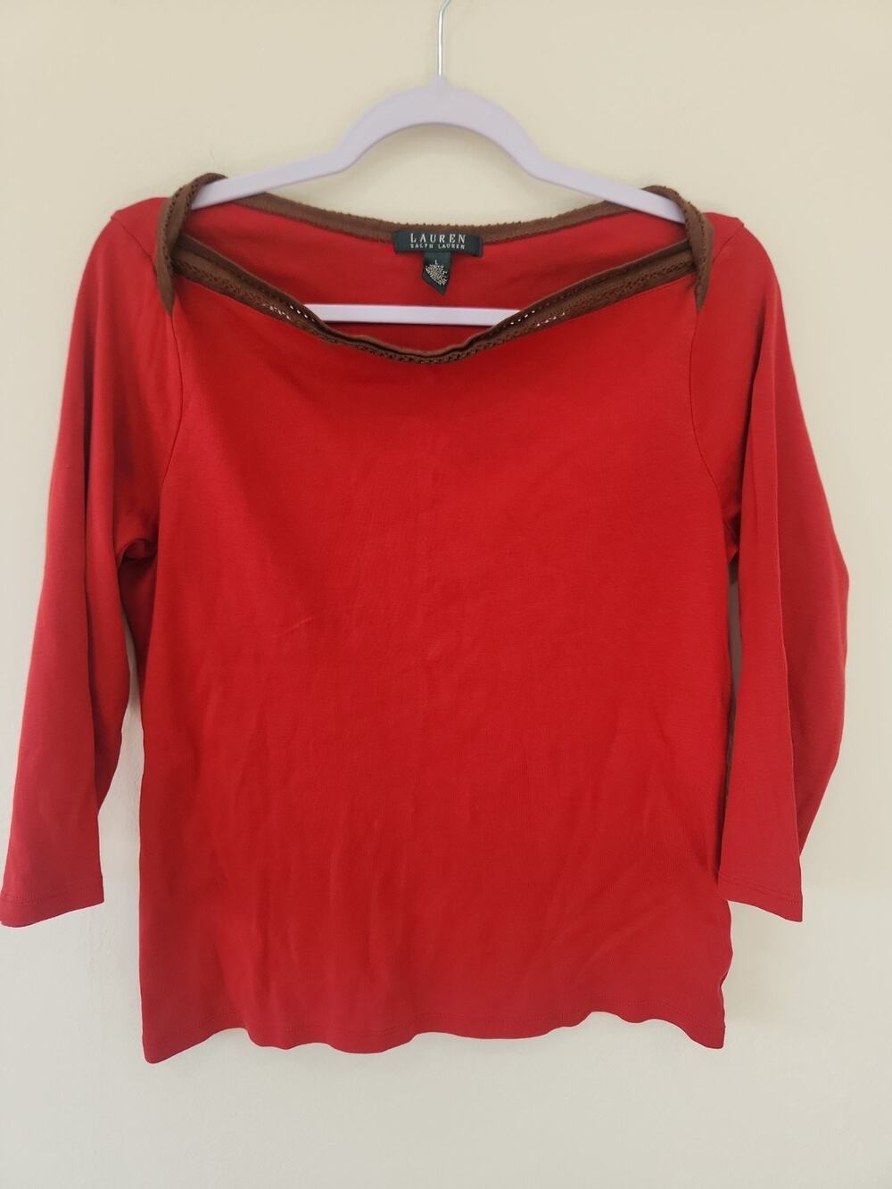 Lauren Ralph Lauren Top Womens Large Red Brown Trim Cotton